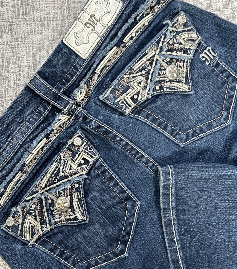Miss Me Standard Boot Cut Blue Jeans 27x34 Rhinestone Embroidered Flap Pockets